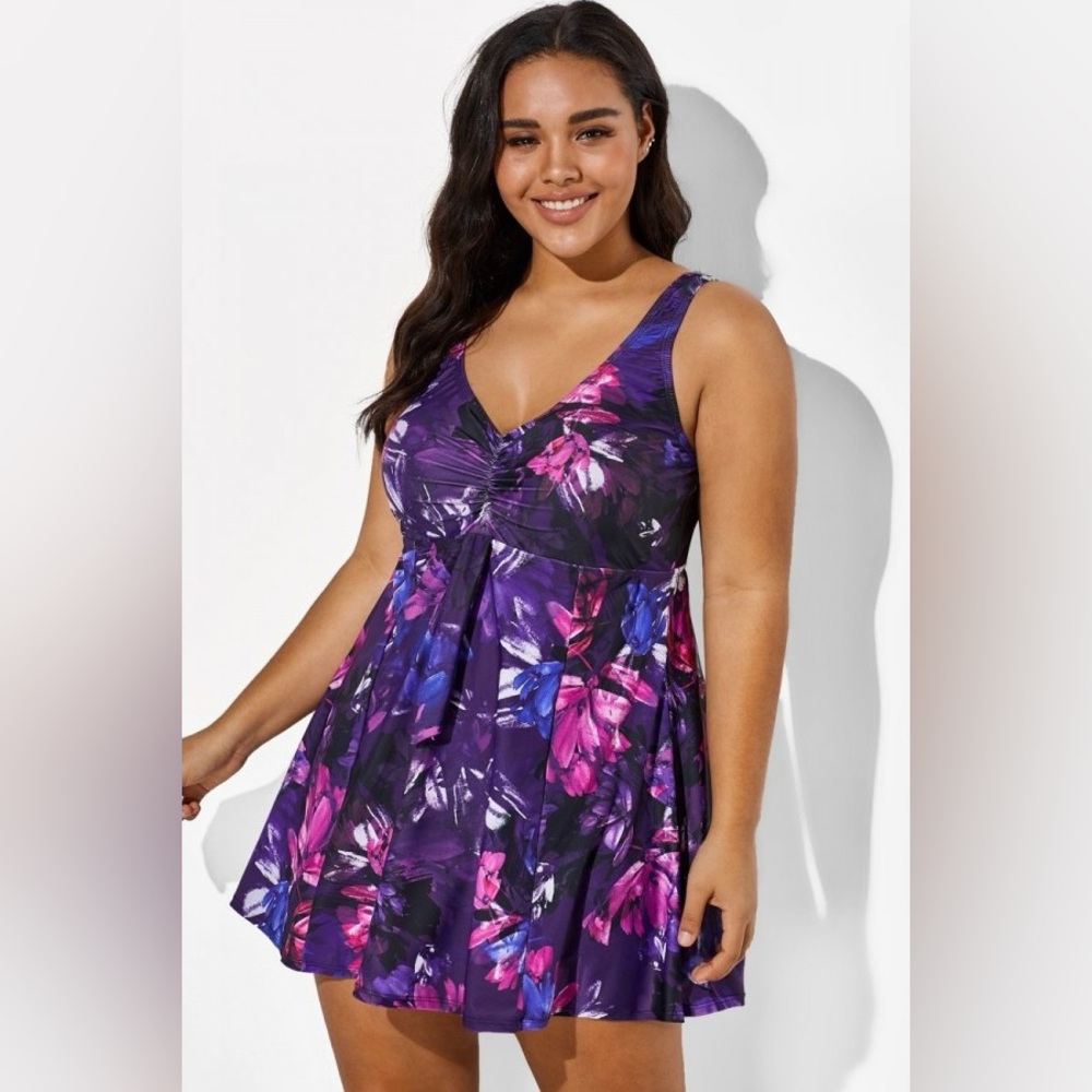 GUC Swimsuits For All Lotus Women’s Tie Front V-Neck One Piece Swim Dress SZ 16